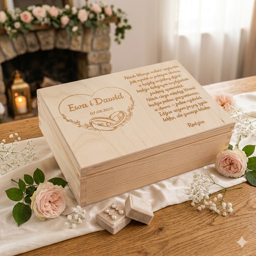 Drewniane pudełko z grawerem, na skarby 40x30x13 - obrazek 3