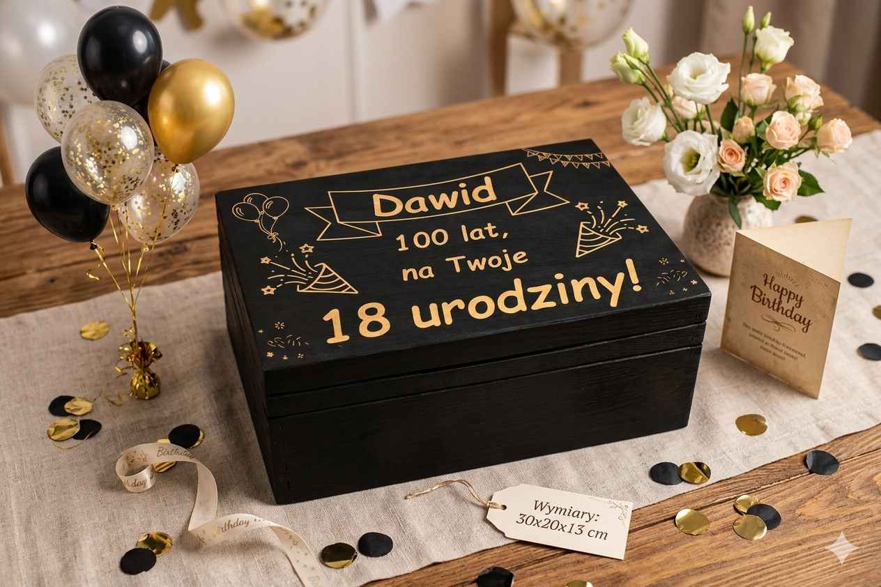 Drewniane czarne pudełko z grawerem, na skarby 30x20x13 - obrazek 4
